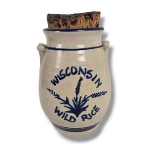 Vintage Wild Rice Crock Wisconsin Salt Glaze Blue Pottery Kitchen Storage Jar